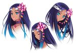  blue_eyes blue_hair carnelian closed_eyes collar concept_art dark_skin hair_ornament headset jewelry lips long_hair looking_at_viewer merli_(vocaloid) multicolored_hair multiple_views open_mouth purple_hair simple_background vocaloid white_background 