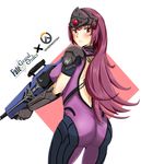  ass back_cutout backless_outfit black_gloves blush bodysuit breasts copyright_name cosplay cowboy_shot fate/grand_order fate_(series) from_behind gloves gun holding holding_gun holding_weapon honyaa~ large_breasts logo long_hair looking_back overwatch pink_bodysuit purple_bodysuit purple_hair red_eyes scathach_(fate)_(all) scathach_(fate/grand_order) short_sleeves simple_background solo visor weapon white_background widowmaker_(overwatch) widowmaker_(overwatch)_(cosplay) 