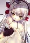  amatsukaze_(kantai_collection) bad_id bad_pixiv_id bare_shoulders breasts choker clenched_hands clothes_pull collarbone from_above frown hair_tubes kantai_collection long_hair looking_at_viewer mallizmora shiny shiny_skin silver_hair sketch small_breasts solo two_side_up yellow_eyes 