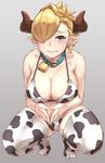  animal_print bare_arms bare_shoulders bell bell_collar bikini blonde_hair blush breasts cleavage collar cow_bell cow_print draph ear_blush ear_tag full_body granblue_fantasy grey_background hair_over_one_eye halter_top halterneck horns laguna_(granblue_fantasy) large_breasts looking_at_viewer michihasu no_shoes number o-ring o-ring_bikini own_hands_together pointy_ears print_bikini print_legwear short_hair simple_background solo squatting sweat swimsuit thighhighs 