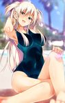  arm_up armpits bare_shoulders barefoot beach blonde_hair blurry breasts day depth_of_field green_eyes hair_censor hair_over_breasts hand_on_own_knee large_breasts long_hair looking_at_viewer one-piece_swimsuit open_mouth original outdoors ryouma_(galley) smile solo swimsuit two_side_up 