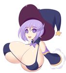  1girl bangs bare_shoulders bikini_warriors blush bouncing_breasts breasts cleavage detached_sleeves hat huge_breasts jcdr mage_(bikini_warriors) open_mouth purple_eyes purple_hair short_hair smile solo upper_body witch_hat 