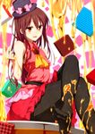  ascot bare_arms bare_shoulders belt black_legwear blush bow brown_hair cafe-chan_to_break_time cafe_(cafe-chan_to_break_time) caramel crossed_legs feet from_side hat hat_bow highres honey long_hair looking_at_viewer looking_to_the_side no_shoes orange_eyes pantyhose parted_lips pink_bow pink_shirt red_skirt sazanami_mio shirt sidelocks sitting skirt sleeveless sleeveless_shirt smile solo top_hat 