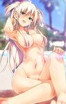  arm_up armpits beach blonde_hair blurry breasts day depth_of_field green_eyes hair_censor hair_over_breasts hand_on_own_knee large_breasts long_hair looking_at_viewer nude open_mouth original outdoors ryouma_(galley) smile solo two_side_up 