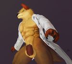  2016 5_fingers abs anthro black_nose bottomless brown_eyes brown_fur brown_penis brown_tail canine chest_tuft claws clothed clothing dedran digital_media_(artwork) flaccid fluffy fluffy_tail front_view fur grey_background humanoid_penis lab_coat low-angle_view male mammal maned_wolf multicolored_fur muscular muscular_male neck_tuft pecs penis portrait signature simple_background solo standing tan_balls tan_fur three-quarter_portrait tuft uncut zomacaius 