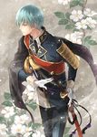  aqua_hair armor black_neckwear branch capelet commentary_request dress_shirt flower gloves gold_trim highres ichigo_hitofuri japanese_armor katana kote long_sleeves male_focus military military_uniform necktie ready_to_draw sheath sheathed shirt solo suzuneko-rin sword tachi_(weapon) tassel touken_ranbu uniform weapon white_gloves white_shirt wing_collar yellow_eyes 