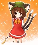  animal_ears arms_behind_back blush brown_eyes brown_hair cat_ears cat_tail chen cowboy_shot dress eijima_moko hat light_smile long_sleeves looking_at_viewer multiple_tails neck_ribbon reeds ribbon short_hair smile solo standing tail tareme touhou two_tails 