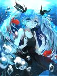  bad_id bad_pixiv_id black_dress black_ribbon blue_eyes blue_hair collarbone dress fish hair_ribbon hatsune_miku long_hair looking_at_viewer ribbon shinkai_shoujo_(vocaloid) smile solo twintails underwater very_long_hair vocaloid yu_jiu 