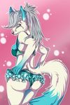  2016 anthro artic_fox blue_fur bra butt canine canis-solus clothing dipstick_tail fox fur green_eyes hair half-closed_eyes inner_ear_fluff looking_at_viewer looking_back mammal multicolored_tail panties pink_background pink_nose simple_background solo underwear white_fur white_hair 