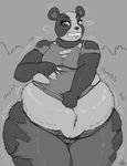  anthro bear clothed clothing female fur mammal monochrome obese overweight panda solo standing sutibaru teeth torn_clothing 