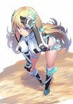  absurdres angela_balzac bent_over blonde_hair blue_eyes boots breasts detached_sleeves deva_battle_suit h_kasei hanging_breasts headgear highres knee_boots large_breasts leotard long_hair low_twintails rakuen_tsuihou silver_hair smile solo thighs twintails very_long_hair 