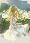  ama-tou aqua_eyes blonde_hair bow collarbone commentary dress field lips long_hair looking_away neck original outdoors profile sleeveless solo strapless strapless_dress wavy_hair 