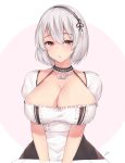 1girl anchor azur_lane bangs blush breasts choker cleavage collarbone eyebrows_visible_through_hair eyes_visible_through_hair hair_between_eyes hairband kuavera lace-trimmed_hairband large_breasts looking_at_viewer maid parted_lips puffy_sleeves red_eyes ribbon short_hair short_sleeves sidelocks signature sirius_(azur_lane) solo white_hair 