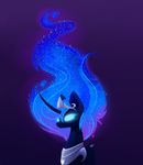  blue_feathers cosmic_hair equine eyelashes feathered_wings feathers female feral friendship_is_magic glowing glowing_eyes hair horn magnaluna mammal my_little_pony nude princess_luna_(mlp) purple_background simple_background solo winged_unicorn wings 