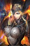  2016 armor artist_name blonde_hair blue_eyes breastplate breasts closed_mouth covered_nipples dated eyelashes facial_mark forehead_mark gauntlets hand_up helm helmet holding holding_sword holding_weapon knight long_hair looking_at_viewer original pauldrons pink_lips shoulder_pads smile solo sonacia sword upper_body watermark weapon web_address 