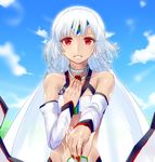  1girl absurdres altera_(fate) bare_shoulders blue_sky cloud dark_skin day detached_sleeves fate/extella fate/extra fate/grand_order fate_(series) fingernails full_body_tattoo grin highres holding_hands jewelry kishinami_hakuno_(male) looking_at_viewer midriff minarai_tenna nail_polish out_of_frame pov pov_hands red_eyes red_nails ring sharp_fingernails short_hair sky smile solo_focus tattoo veil white_hair 