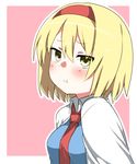  :t alice_margatroid blonde_hair blush breasts capelet hairband highres kz_oji looking_at_viewer medium_breasts necktie pout short_hair smile solo touhou upper_body yellow_eyes 