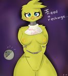  2016 animatronic anthro avian beak bird blue_eyes blush breasts chicken clothing dialogue digital_media_(artwork) e-01 english_text feathers female five_nights_at_freddy&#039;s five_nights_at_freddy&#039;s_2 hair looking_at_viewer machine mammal nipples non-mammal_breasts nude orange_nipples orange_pussy pussy robot simple_background solo teeth text toy_chica_(fnaf) video_games yellow_feathers 