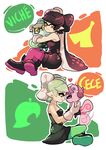  2girls ankle_boots aori_(splatoon) aori_(splatoon)_(cosplay) black_dress black_hair boots brown_eyes cece_(doubutsu_no_mori) cosplay crossover detached_collar domino_mask doubutsu_no_mori dress earrings food food_on_face food_on_head full_body gloves green_legwear grey_hair heart holding hotaru_(splatoon) hotaru_(splatoon)_(cosplay) hug indian_style jewelry light_smile long_hair looking_at_another looking_at_viewer mask mole mole_under_eye multiple_girls object_on_head pantyhose pointy_ears purple_legwear short_dress short_hair short_jumpsuit sitting splatoon_(series) splatoon_1 squirrel strapless strapless_dress tail_wagging tentacle_hair viche_(doubutsu_no_mori) white_gloves wong_ying_chee 