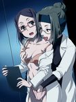  2girls black_eyes black_hair blush bra braid breast_grab breasts character_request cleavage fingering glasses green_hair hair_bun headband highres holding kotobuki_hajime labcoat legs licking long_hair long_sleeves multiple_girls navel open_clothes open_mouth panties pubic_hair red-framed_glasses semi-rimless_glasses short_hair small_breasts standing thighs to_aru_kagaku_no_railgun to_aru_majutsu_no_index tongue underwear yuri 