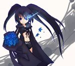  alternate_skin_color belt bikini_top black_hair black_rock_shooter black_rock_shooter_(character) blue_eyes bouquet burning_eye coat collarbone eijima_moko flat_chest flower jpeg_artifacts light_smile long_hair looking_at_viewer navel petals ribbon short_shorts shorts solo standing twintails uneven_twintails very_long_hair 