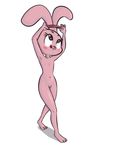 2016 anais_watterson anthro armpits arms_above_head blush cartoon_network digital_media_(artwork) dressing female fur headband lagomorph looking_up mammal navel nude pink_fur pussy rabbit simple_background small_chest solo the_amazing_world_of_gumball tongue tongue_out vinoda walking young 