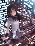  akemi_homura argyle argyle_legwear arms_at_sides backlighting black_hair black_legwear blurry blurry_background building city city_lights floating_hair hair_ribbon highres light_rays long_hair long_sleeves looking_at_viewer mahou_shoujo_madoka_magica night outdoors pantyhose pleated_skirt purple_eyes purple_ribbon purple_skirt red_ribbon ribbon scaffolding shirt siraha sitting skirt solo very_long_hair white_shirt wind 