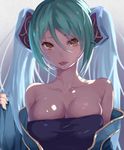  :p absurdres aqua_hair bare_shoulders breasts brown_eyes cleavage highres large_breasts league_of_legends long_hair looking_at_viewer rafael-m saliva shiny shiny_skin skindentation solo sona_buvelle tongue tongue_out twintails upper_body very_long_hair 