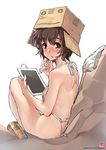  2016 :o apron artist_name bare_arms bare_back bare_legs bare_shoulders beer_can blush box breasts brown_hair cable can cardboard_box covered_nipples dated drawing_tablet drunk eyebrows eyebrows_visible_through_hair from_side full-face_blush gao_(gaolukchup) holding knee_up looking_at_viewer looking_to_the_side naked_apron object_on_head on_head open_mouth original panties panties_removed red_eyes ribbon short_hair shoulder_blades sideboob sitting small_breasts smiley_face solo underwear white_apron white_panties white_ribbon 