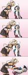  ahoge bare_shoulders black_footwear black_gloves black_skirt blush boots breasts budget_sarashi comic commentary dark_skin dated fainting food glasses gloves gradient grey_hair hands_on_thighs height_difference highres kantai_collection kiss kiyoshimo_(kantai_collection) large_breasts long_hair long_sleeves looking_at_another looking_down looking_up multiple_girls musashi_(kantai_collection) open_mouth pantyhose pleated_skirt pocky pocky_kiss purple_eyes purple_legwear purple_skirt sarashi shared_food shirt simple_background skirt tatsumi_ray thigh_boots thighhighs twintails twitter_username very_long_hair white_hair white_shirt yuri 