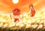  back bangs bow brown_hair eijima_moko faceless faceless_female field frills hair_bow hair_ribbon hakurei_reimu japanese_clothes jpeg_artifacts light_particles long_sleeves looking_back mother_and_daughter multiple_girls orange_sky outdoors outstretched_arms parted_bangs ponytail reaching ribbon ribbon-trimmed_sleeves ribbon_trim sendai_hakurei_no_miko shaded_face short_hair sky sleeves_past_wrists smile spread_arms sun sunset touhou wheat_field wide_sleeves younger 