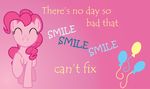  cutie_mark earth_pony english_text equine eyes_closed female feral friendship_is_magic fur gradient_background hair hooves horse mammal my_little_pony pink_background pink_fur pink_hair pinkie_pie_(mlp) pony simple_background smile solo text 