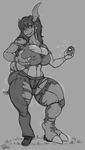  anthro clothed clothing digimon female growth guilmon looking_at_viewer monochrome muscle_growth scalie smile solo standing sutibaru thick_thighs 