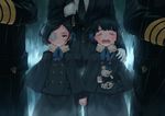  black_hair blue_ribbon closed_eyes crying expressionless eyepatch formal frown gloves grey_eyes hair_ribbon holding_hands multiple_girls necktie open_mouth original rain ribbon short_hair siblings sin_gun_woo sisters streaming_tears stuffed_animal stuffed_toy suit tears teddy_bear uniform white_gloves 