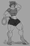  abs anthro clothed clothing eyewear feline female glasses mammal monochrome muscular open_mouth smile solo standing sutibaru thick_thighs 