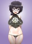  arms_behind_back ass_visible_through_thighs bare_shoulders black_hair black_panties blue_eyes blush breasts commentary_request crop_top girls_und_panzer glasses highres large_breasts long_hair looking_at_viewer midriff minazuki_juuzou navel open_mouth oryou_(girls_und_panzer) panties ponytail semi-rimless_eyewear simple_background smile solo standing underwear 