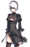  1girl arm_behind_back black_blindfold black_dress black_hairband black_legwear blindfold breasts cleavage_cutout commentary covered_eyes dress feather-trimmed_sleeves g4265059 gloves hairband highres juliet_sleeves large_breasts long_sleeves mole mole_under_mouth nier_(series) nier_automata puffy_sleeves short_hair silver_hair simple_background solo standing thighhighs white_background yorha_no._2_type_b 