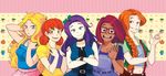  abigail_(stardew_valley) belt blonde_hair blue_eyes bow braid crossed_arms digitalscratch glasses green_eyes haley_(stardew_valley) leah_(stardew_valley) long_hair maru_(stardew_valley) multiple_girls orange_hair overalls penny_(stardew_valley) pointing red_eyes red_hair short_hair short_sleeves stardew_valley waving 