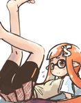  1girl artist_request bike_shorts domino_mask female inkling long_hair mask nintendo on_back orange_eyes orange_hair skirt splatoon tentacle_hair white_background 