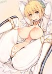  ahoge arms_behind_head arms_up artist_name blonde_hair blush bodysuit breasts censored center_opening chain collarbone fate/extra fate/extra_ccc fate_(series) green_eyes head_wreath heart heart_censor highres large_breasts lock mukka navel nero_claudius_(bride)_(fate) nero_claudius_(fate)_(all) nipples open_mouth padlock pink_background pussy short_hair simple_background solo spread_legs veil white_bodysuit zipper 