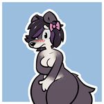  anthro black_hair blue_border blush border bow_tie breasts canine covering embarrassed female frown fur hair looking_at_viewer lotto mammal multicolored_fur multicolored_hair nude oriole_(artist) purple_hair small_breasts solo thick_thighs two_tone_fur two_tone_hair white_border wide_hips wolf 