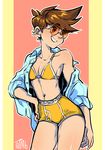  bra breasts brown_eyes brown_hair casual character_name cowboy_shot ddhew ear_piercing freckles grin hand_on_hip highres midriff navel off_shoulder open_clothes open_shirt overwatch piercing shirt small_breasts smile solo spiked_hair standing sunglasses tracer_(overwatch) underwear 