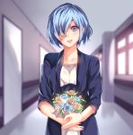  1girl blue_cardigan blue_eyes blue_hair blurry blurry_background breasts cardigan commentary_request day depth_of_field doors flower g4265059 hair_over_one_eye highres holding holding_flower indoors kirishima_touka large_breasts looking_at_viewer parted_lips shirt short_hair smile solo standing tokyo_ghoul tokyo_ghoul:re upper_body upper_teeth white_shirt window 