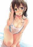  1girl all_fours black_hair blush breasts cleavage collarbone competition_swimsuit green_eyes hand_on_own_face highres kekemotsu large_breasts long_hair looking_at_viewer one-piece_swimsuit open_mouth original solo swimsuit wet wet_clothes wet_swimsuit white_swimsuit 