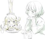  :d beer_can blush can charlotta_fenia commentary crossover crown cup food fork granblue_fantasy hands_clasped harvin idolmaster idolmaster_cinderella_girls jpeg_artifacts mole mole_under_eye monochrome multiple_girls okosama_lunch open_mouth own_hands_together plate pointy_ears sketch smile spoon table takagaki_kaede zanzi 