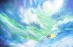  absurdres bird blonde_hair bra cloud flying highres okuto original panties pantyshot short_hair sky solo underwear wind 