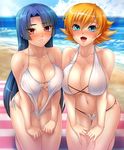  2girls barefoot beach bikini blonde_hair blue_eyes blue_hair breast_press breasts curvy embarrassed female hime_cut igawa_sakura kagami_hirotaka large_breasts lilith-soft long_hair looking_at_viewer multiple_girls o-ring_bikini official_art one-piece_swimsuit open_mouth orange_hair red_eyes shiny shiny_hair shiny_skin short_hair sideboob sky smile sting_bikini swimsuit taimanin_asagi taimanin_asagi_battle_arena very_long_hair water white_bikini white_swimsuit yatsu_murasaki 