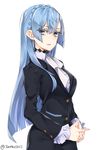  blue_eyes blue_hair collar eyes_visible_through_hair hands_clasped highres jun_project kiznaiver long_hair looking_at_viewer own_hands_together signature simple_background solo sonozaki_noriko uniform white_background 