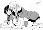  all_fours ayase_eli bangs barefoot bed_sheet blush girl_on_top greyscale grin hair_between_eyes hair_down half-closed_eyes highres long_hair looking_at_another looking_back love_live! love_live!_school_idol_project lying monochrome multiple_girls off_shoulder on_stomach open_mouth pillow short_sleeves shorts signature smile sonoda_umi suito yuri 