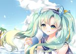 bad_id bad_pixiv_id blue_hair bow chuor_(chuochuoi) cloud day grin hair_bow hat hatsune_miku heart heart-shaped_pupils long_hair outdoors palm_tree sky smile solo striped striped_bow symbol-shaped_pupils tree twintails upper_body vocaloid 